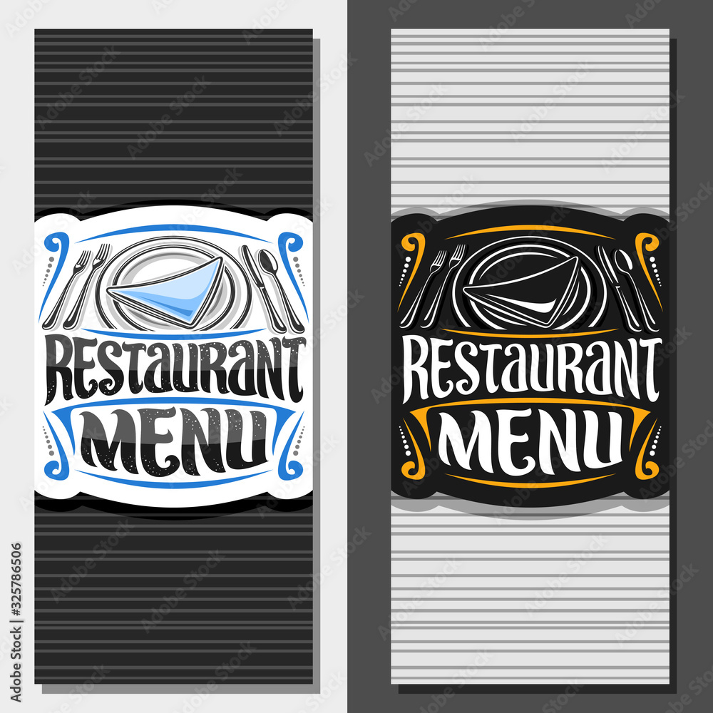 Vector layouts for Restaurant Menu, decorative brochure with illustration of dish with napkin and silverware set top view, creative brush typeface for words restaurant menu on grey striped background.