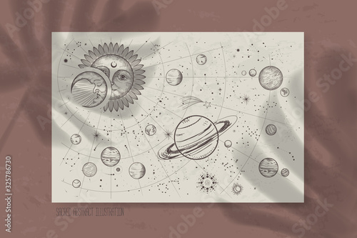 shadow of a tropical leaf on paper. tarot cards, seance, astral sacred illustration. geometry, the solar system, cosmic bodies, the sun and the moon. Vector graphics