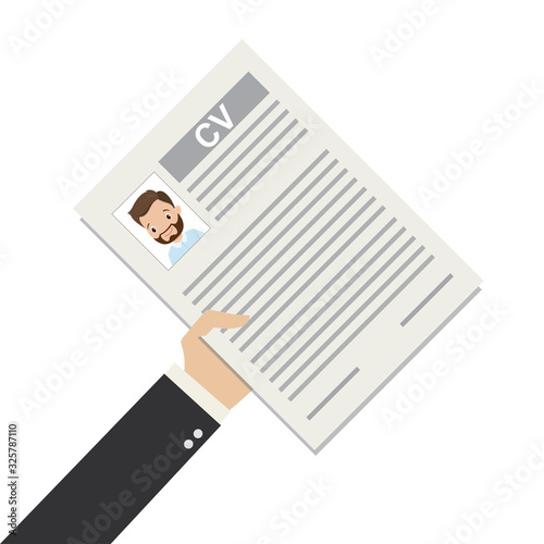 Hand holding CV resume page,job search concept,isolated on white background