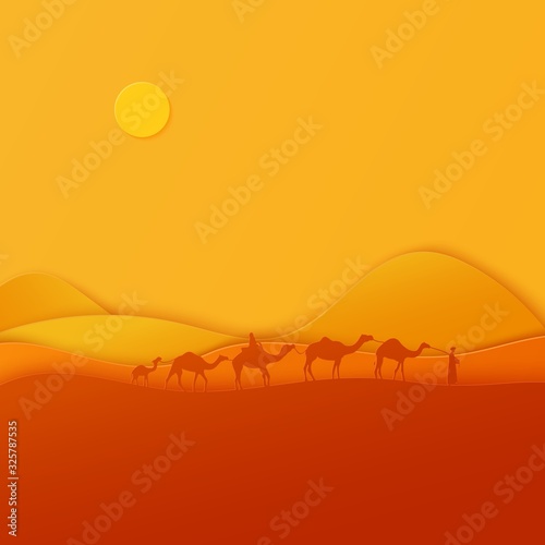 Silhouette caravan desert camels in paper cut style. Nature panoramic sand landscape with arabian tradition camel ride. African adventure through the Sahara dunes. Vector card travel template.