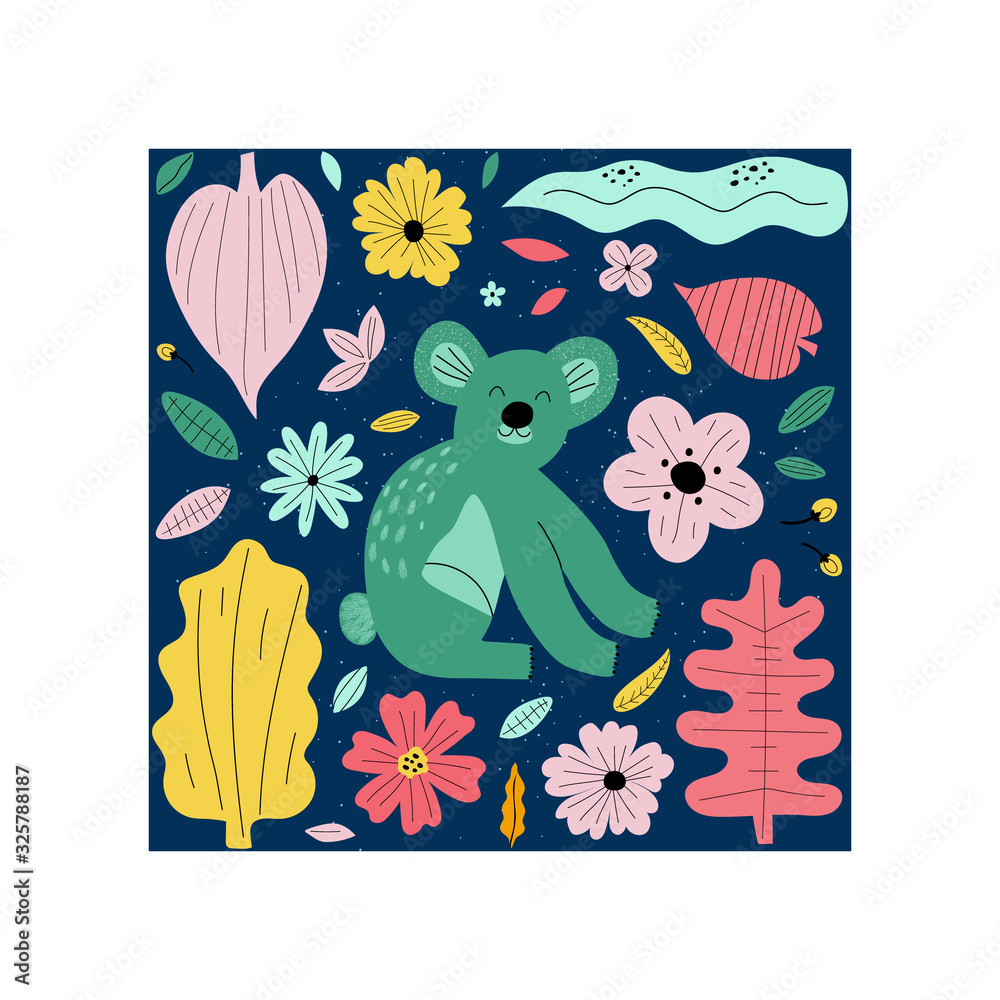 Hand drawn colorful koala with flowers and leaves. Cute kids style ...