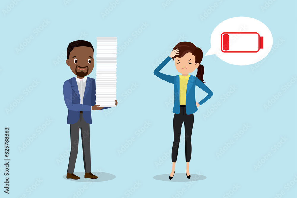African american male boss with paper stack and tired employee with red low battery, African american male boss with paper stack and tired employee with red low battery,