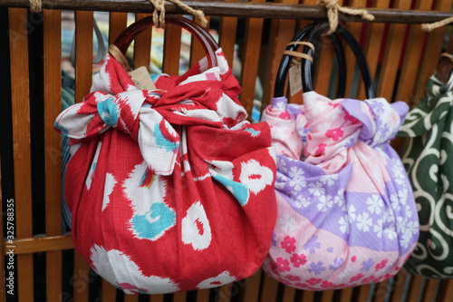 furoshiki japanese wrapping cloth .Shoulder Bag hanging on the wall.traditional and culture Souvenir from japan