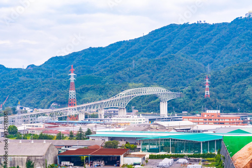 The aerial view of Sakaiminato Bay and City while the sun is setting.