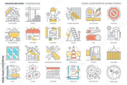 Construction related, color line, vector icon, illustration set