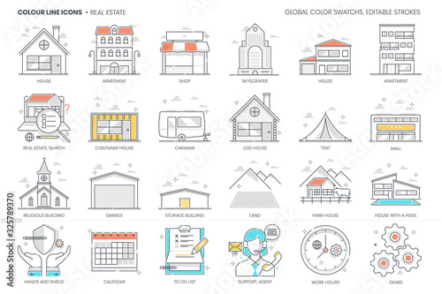 Real Estate related, color line, vector icon, illustration set