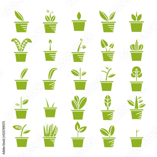 green pot plant icons set vector © bigpa