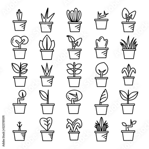 plant in pot and seedling icons line set