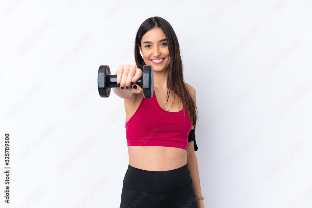 Young sport brunette woman over isolated white background making weightlifting Young sport brunette woman over isolated white background making weightlifting