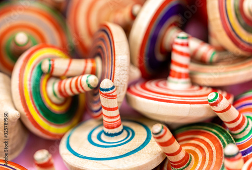 Colorful Japanese vintage wooden spinning top toys