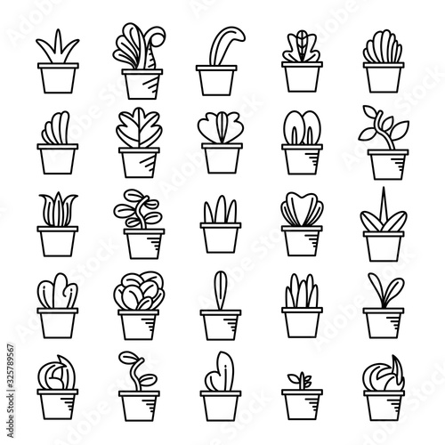 plant in pot and seedling icons line set