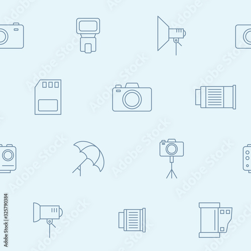 Photo equipment background - Vector seamless pattern of camera, flash, lens, tripod, slr and light for graphic design