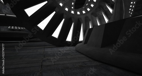 Abstract architectural concrete interior with discs. Neon lighting. 3D illustration and rendering.