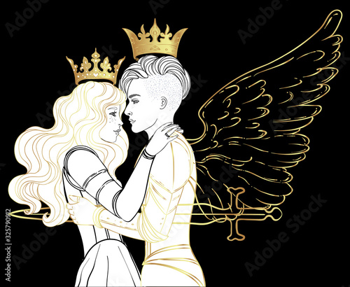 Love wins. Romantic lesbian couple. Female knight in armour and wings kissing a princess. Medieval aesthetics. Vector illustration. Valentines day card. LGBT rights concept.
