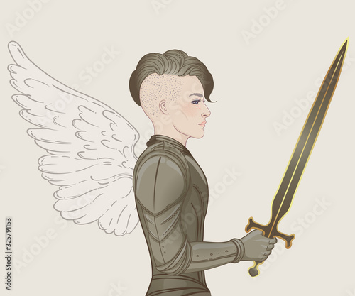 Portrait of beautiful girl with archangel wings. Female knight in armour and sword. Vector isolated illustration. Medieval aesthetics. Girl power. Joan of Arc inspired. Sticker, patch, t-shirt print.