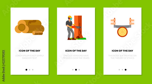 Wood-felling flat icon set. Tree, cutting, woodcutter isolated vector sign pack. Deforestation and industry concept. Vector illustration symbol elements for web design and apps
