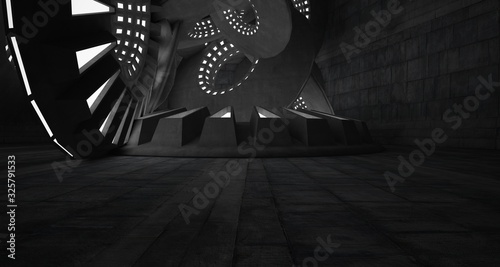 Abstract architectural concrete interior with discs. Neon lighting. 3D illustration and rendering.