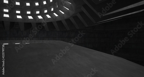 Abstract architectural concrete interior with discs. Neon lighting. 3D illustration and rendering.