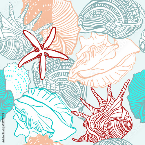 Seamless pattern with seashells. Vector composition template with nautical elements. For printing on fabric  paper.