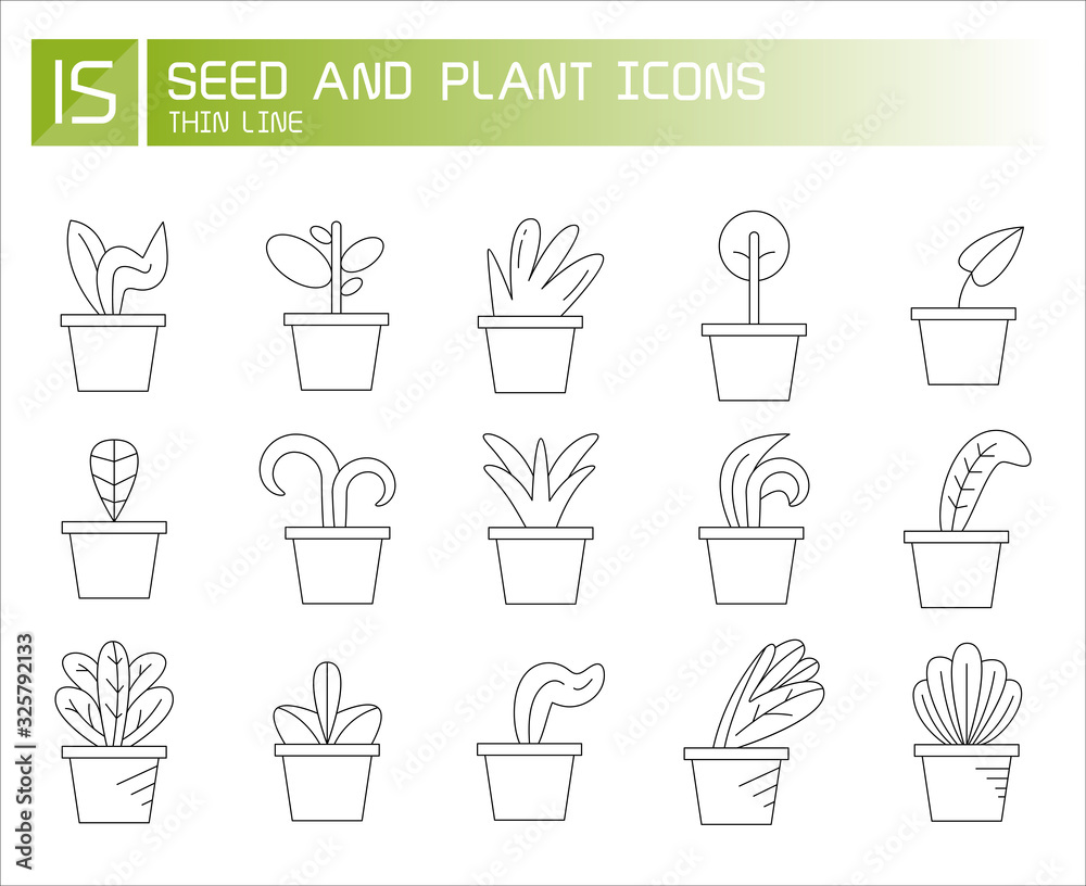 plant in pot and seedling icons line set plant in pot and seedling icons line set