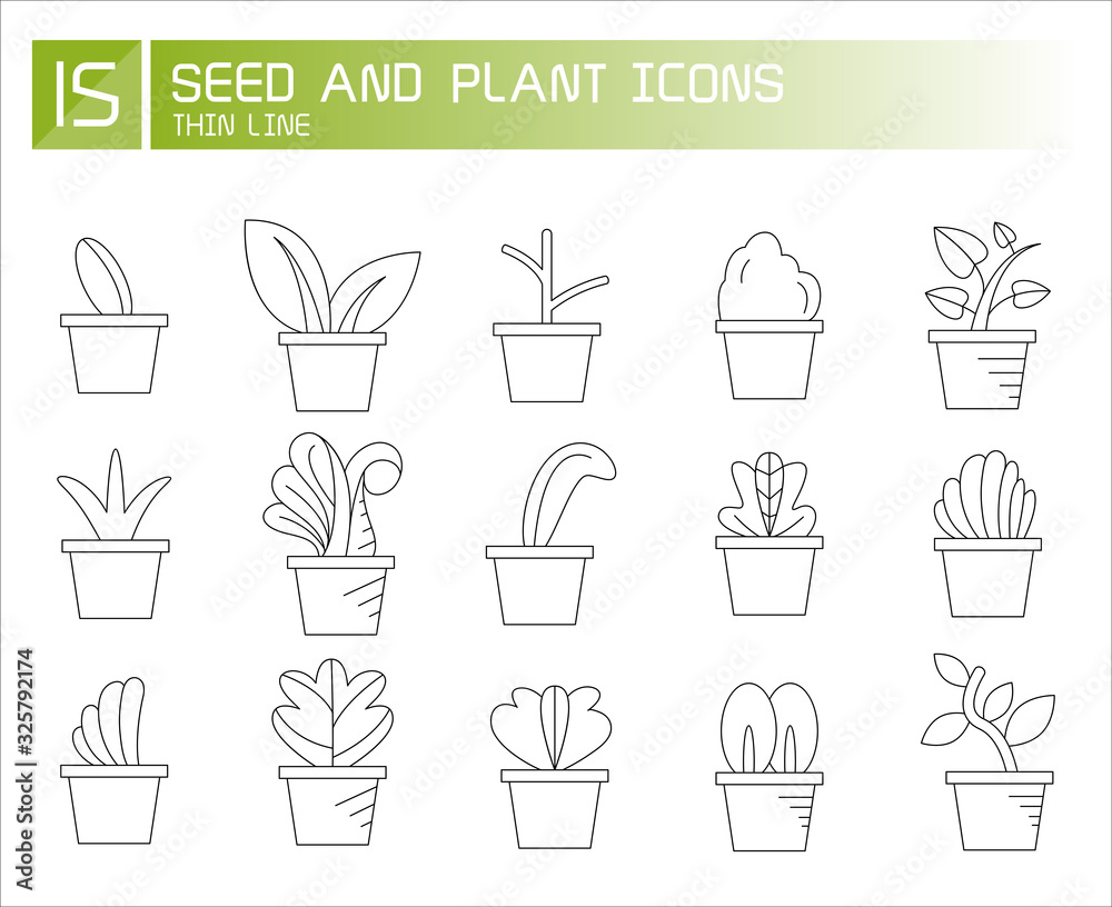plant in pot and seedling icons line set plant in pot and seedling icons line set