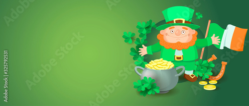 A cute cartoon leprechaun next to a cauldron with gold, the flag of Ireland, a horseshoe, coins and clover shamrocks. Banner or card for St. Patrick's Day with an empty place for text.