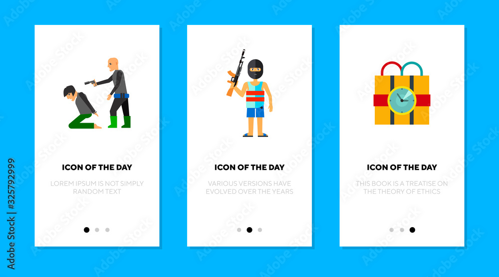 Armed attack flat icon set. Bomb, equipment, gun isolated vector sign ...