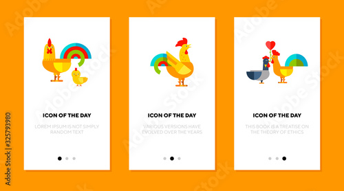 Chicken and rooster flat icon set. Hen, bird, beak isolated vector sign pack. Wildlife and nature concept. Vector illustration symbol elements for web design and apps