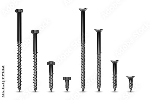 Vector 3d Realistic Metal Silver Construction Fasteners Icon Set Closeup Isolated on White Background. Lag Screws, Bolts. Different Size. Building and Repair Concept. Design Template