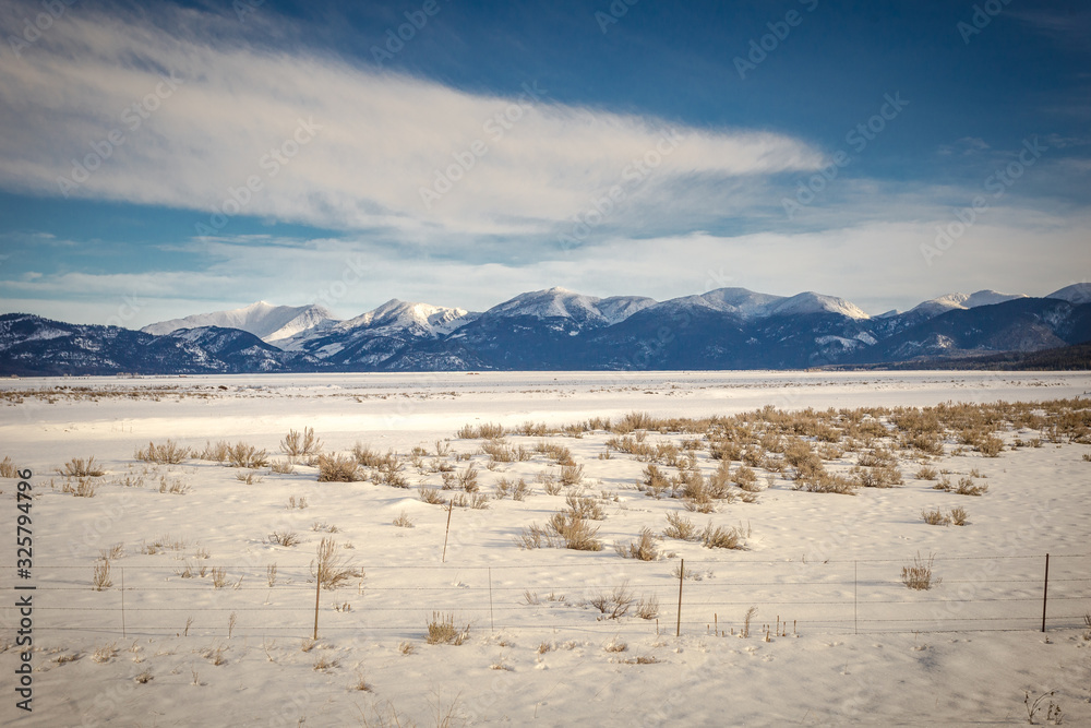 Spurts of brush in snow covered field with vast mountain range in distance on cloudy morning