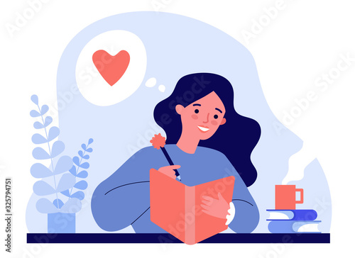 Teenage girl writing diary or journal. Happy young woman reading book and taking notes with pencil. Vector illustration for journal, author, student, teenager in love concept