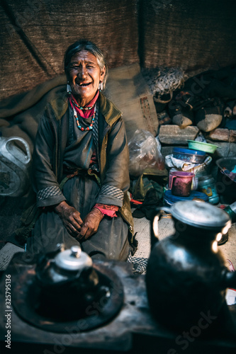 Nomadic old Woman. They live for several months a year in tents  looking for fresh pastures for their goats  from which comes cashmere wool. In Ladakh  Kashmir  India.