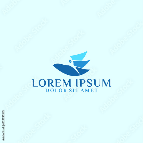 Three leaf logo template with colibri bird head negative space illustration in flat design pictogram symbol