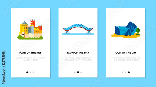 National landmarks flat icon set. Bridge, castle, museum isolated vector sign pack. Sightseeing and tourism concept. Vector illustration symbol elements for web design and apps