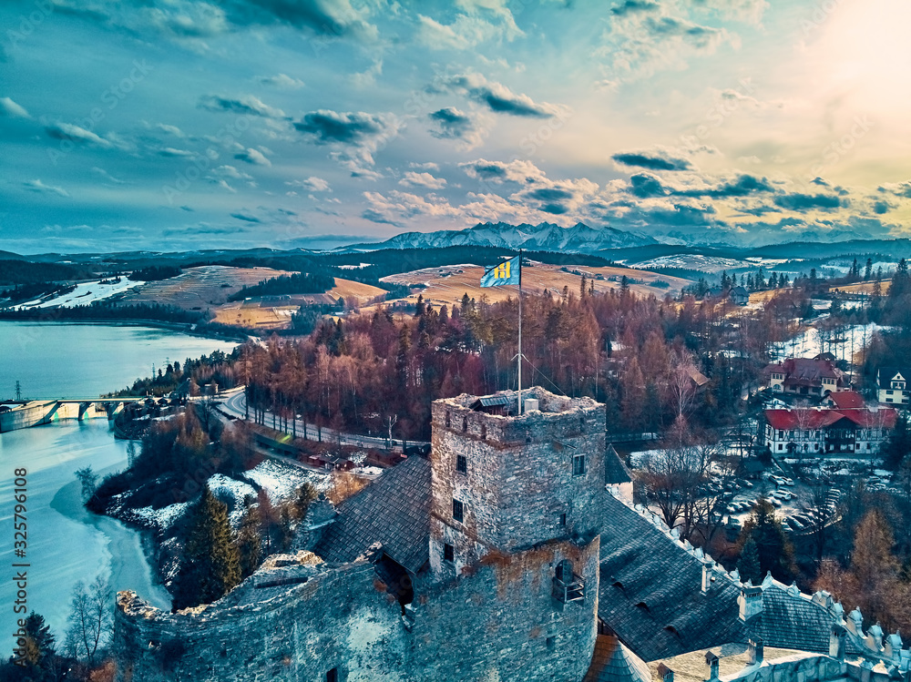 Beautiful panoramic aerial drone view to the Niedzica Castle also known as Dunajec Castle, located in the southernmost part of Poland in Niedzica, Nowy Targ County, Dunajec River, Lake Czorsztyn