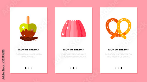 Party dessert flat icon set. Sweet, pastry, delicious isolated vector sign pack. Food and cooking concept. Vector illustration symbol elements for web design and apps