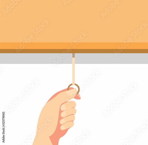 hand pulling roller curtain or projector screen in cartoon flat illustration vector isolated in white background