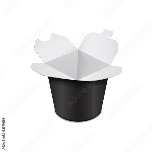 Black cardboard food tub box. Asian food. Wok, Udon, Rice, Kimchi, Soba, Crystal, Glass Noodles. Vector Mock Up Template