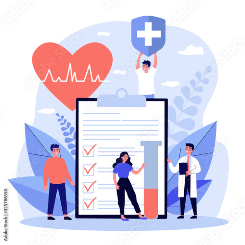 Patients and doctor advertising health insurance. People presenting medical checklist. Vector illustration for healthcare, protection, security, medical service concept
