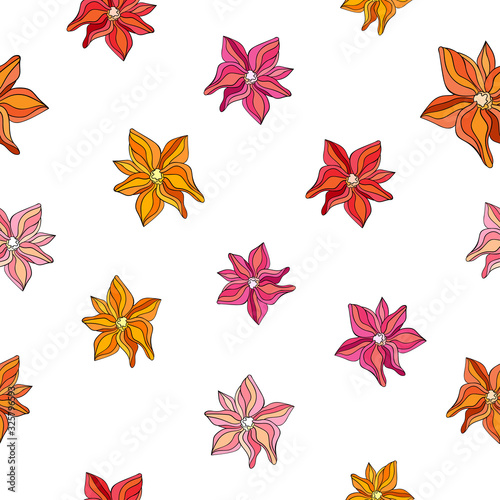 Hand drawn floral seamless pattern from pink, red, orange lily flowers on white background. 