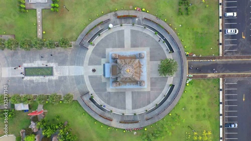 Aerial view of Wat Panyanantaram at sunset, a Buddhist temple in Pathum Thani City, Thailand. Thai architecture buildings background in travel trip concept. Buddhism religion. Tourist attraction. photo