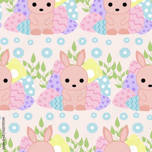 colorful easter eggs and pink bunny, seamless pattern