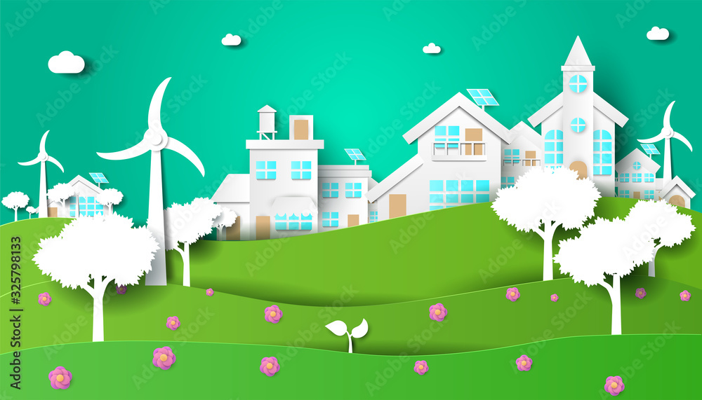 Eco friendly city with wind turbines and solar cells. Green sustainable city, power saving, save the planet, earth day concepts. Vector illustration in paper cut origami style with 3D effect. Eco friendly city with wind turbines and solar cells. Green sustainable city, power saving, save the planet, earth day concepts. Vector illustration in paper cut origami style with 3D effect.