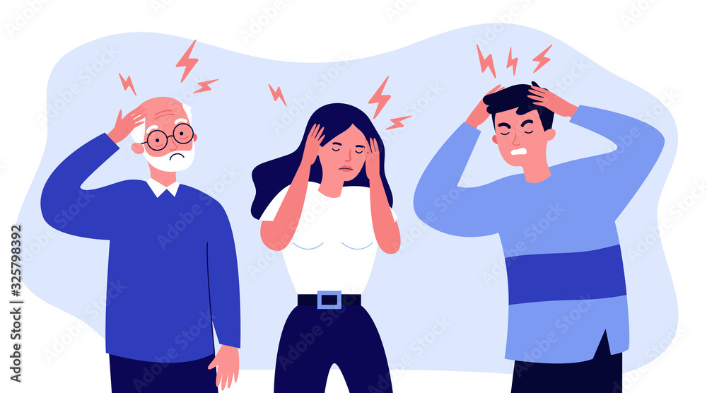 Stressed people suffering from headache, holding head. Sad men and woman tired of their migraine. Vector illustration for pain, depression, stress, healthcare, sickness, disease concept