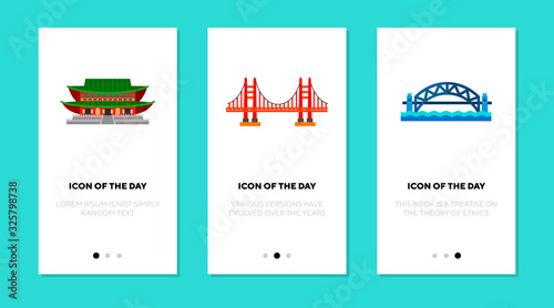 City landmarks flat icon set. Bridge, building, temple isolated vector sign pack. Sightseeing and tourism concept. Vector illustration symbol elements for web design and apps