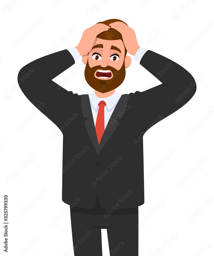 Shocked young businessman holding head with hands. Male character design  illustration. Facial expressions, emotions and body language, stress,  tension and migraine concept in vector cartoon style. Stock Vector | Adobe  Stock