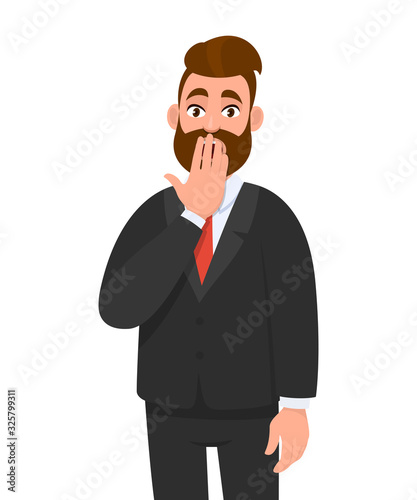 Shocked young businessman covering his mouth with hand. Scared trendy person keeping fingers on lips. Human emotions, facial expressions, feelings concept illustration in vector cartoon style.