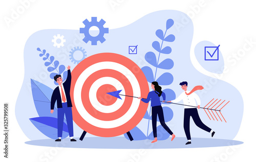Businesspeople driving arrow to goal. Successful professional team hitting target. Vector illustration for challenge, aim, achievement, teamwork, business, marketing concept photo