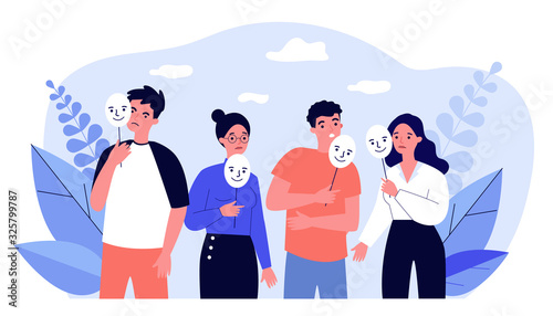 Depressed guy and girls holding positive masks on sticks. Sad people covering unhappy faces. Vector illustration for emotion, personality, psychology, disguise concept