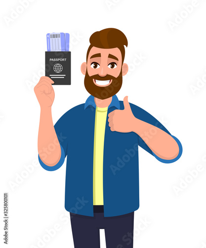 Young man showing passport tickets and gesturing thumbs up sign. Trendy hipster person holding boarding pass. Travel and tourism concept. Male character design illustration. Cartoon in vector style.